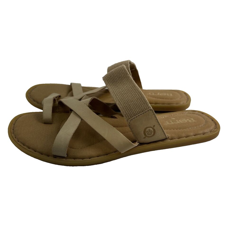 Born Sandal Light Tan Leather Toe Loop Slide Stretch Criss Cross Straps Womens 7